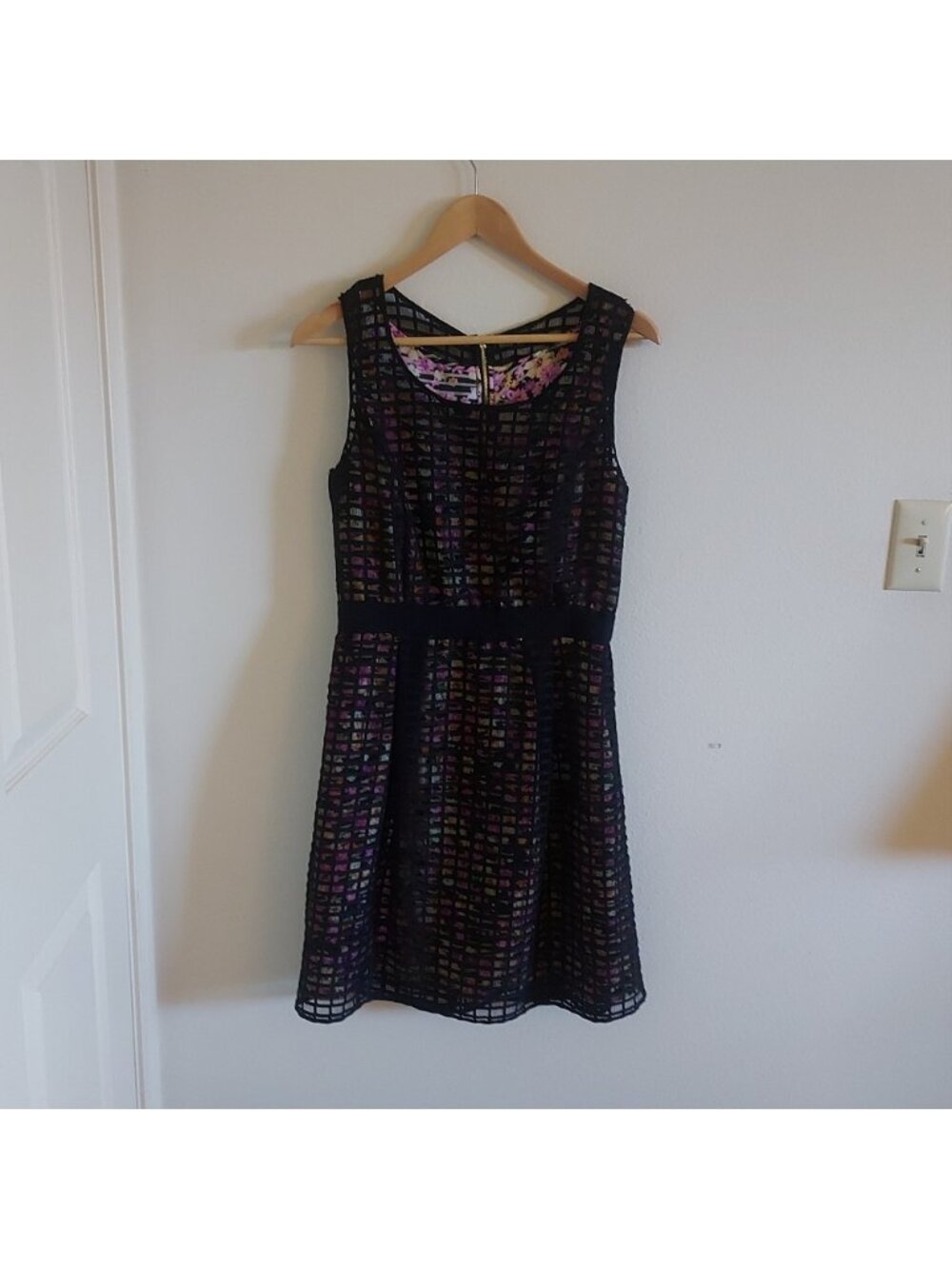 Black gridded colorful floral sleeveless dress
